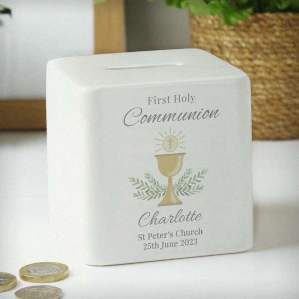 (image for) Personalised First Holy Communion Ceramic Square Money Box - Click Image to Close