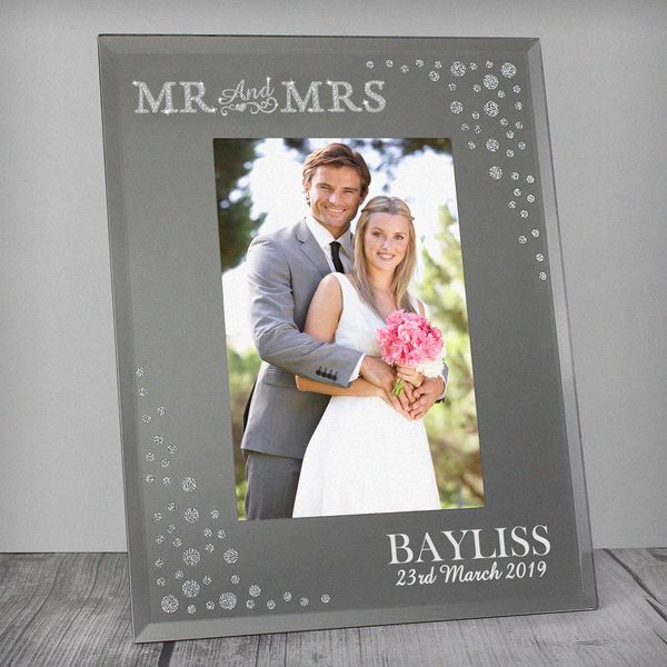 (image for) Personalised Mr and Mrs 6x4 Diamante Glass Photo Frame - Click Image to Close