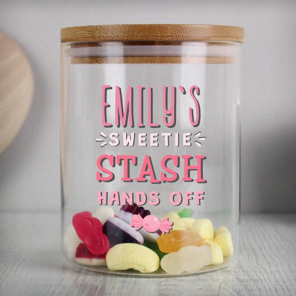 (image for) Personalised Sweetie Stash Glass Jar with Bamboo Lid - Click Image to Close
