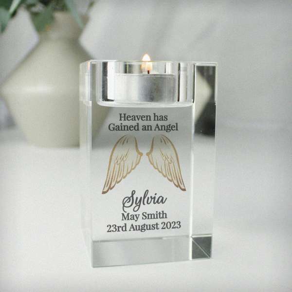 (image for) Personalised Angel Wings Memorial Glass Tealight Holder - Click Image to Close
