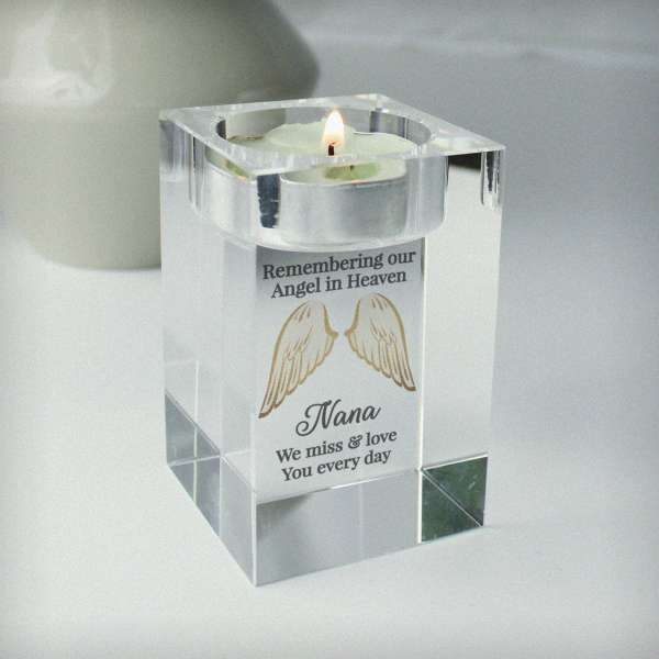 (image for) Personalised Angel Wings Memorial Glass Tealight Holder - Click Image to Close