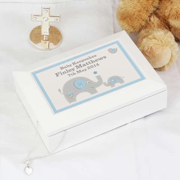 (image for) Personalised Blue Baby Elephant White Wooden Keepsake Box - Click Image to Close