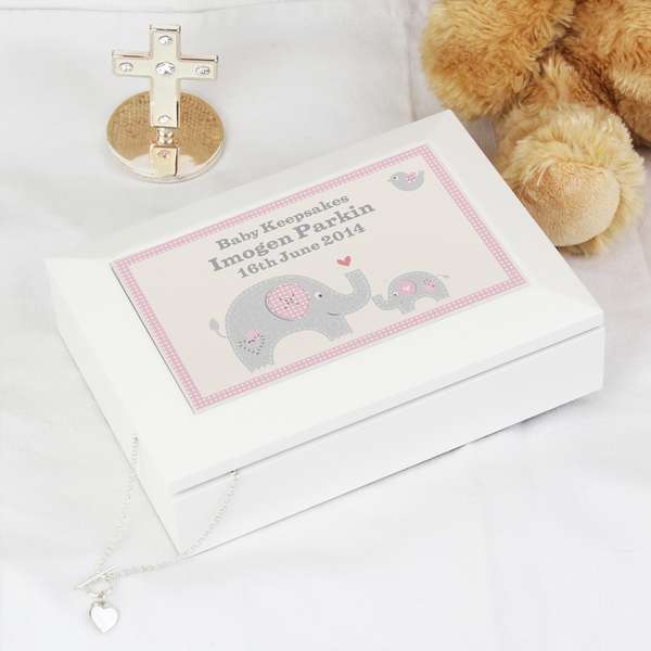 (image for) Personalised Pink Baby Elephant White Wooden Keepsake Box - Click Image to Close