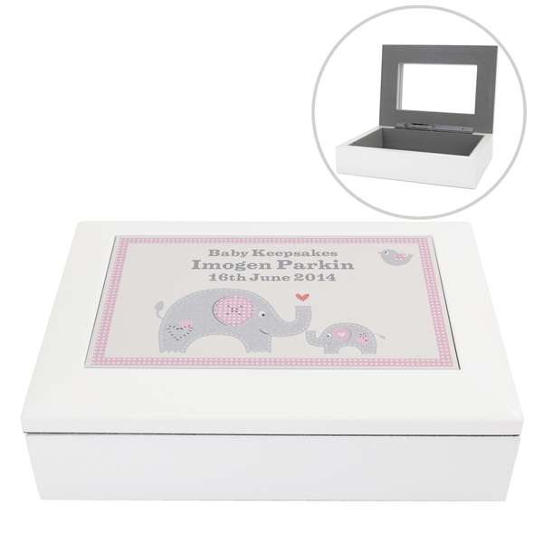 Modal Additional Images for Personalised Pink Baby Elephant White Wooden Keepsake Box