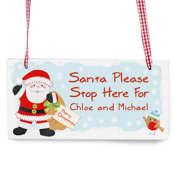 (image for) Personalised Felt Stitch Santa Stop Here Wooden Sign - Click Image to Close