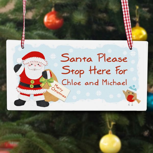 (image for) Personalised Felt Stitch Santa Stop Here Wooden Sign - Click Image to Close