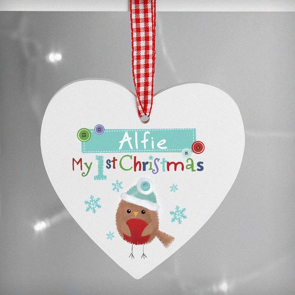 (image for) Personalised Felt Stitch Robin 'My 1st Christmas' Wooden Heart Decoration - Click Image to Close