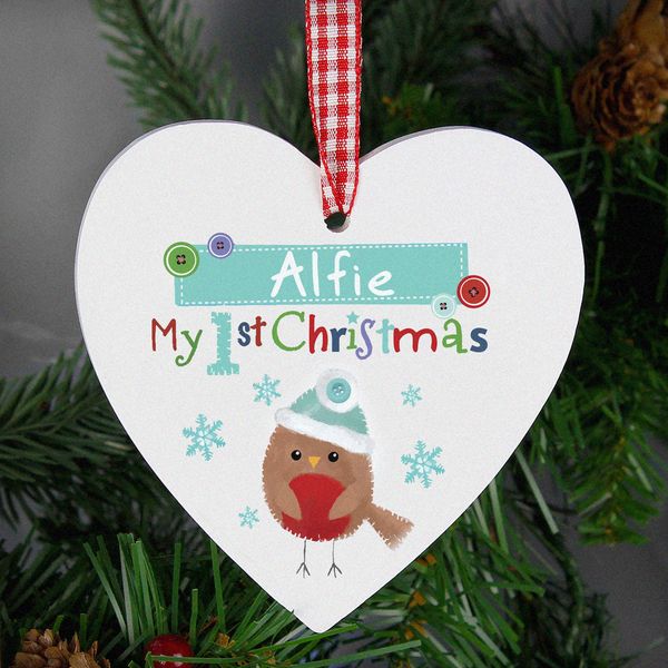 Modal Additional Images for Personalised Felt Stitch Robin 'My 1st Christmas' Wooden Heart Decoration