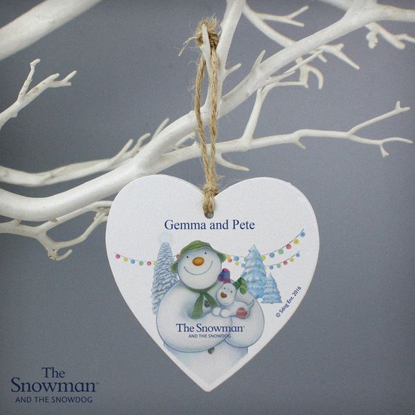 (image for) Personalised The Snowman and the Snowdog Wooden Heart Decoration - Click Image to Close