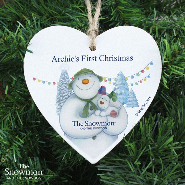 (image for) Personalised The Snowman and the Snowdog Wooden Heart Decoration - Click Image to Close