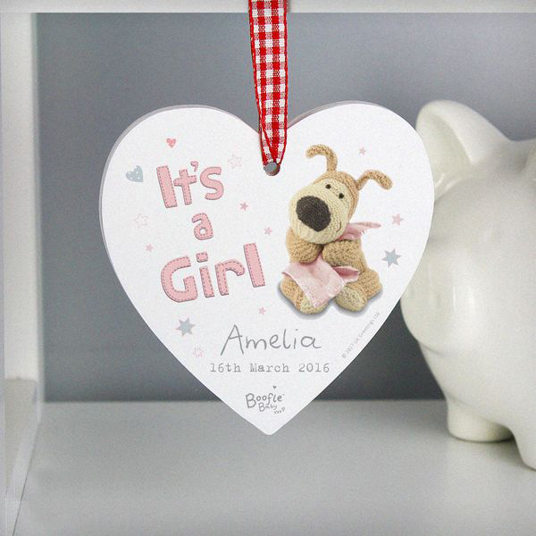 (image for) Personalised Boofle It's a Girl Wooden Heart Decoration - Click Image to Close
