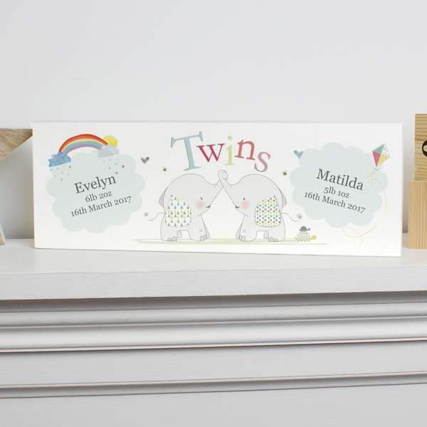 (image for) Personalised Hessian Elephant Twins Mantel Block - Click Image to Close