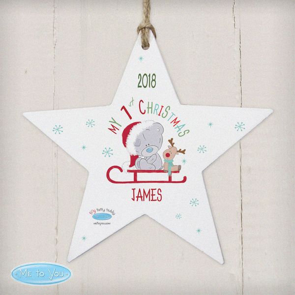 (image for) Personalised Tiny Tatty Teddy My 1st Christmas Sleigh Wooden Star Decoration - Click Image to Close