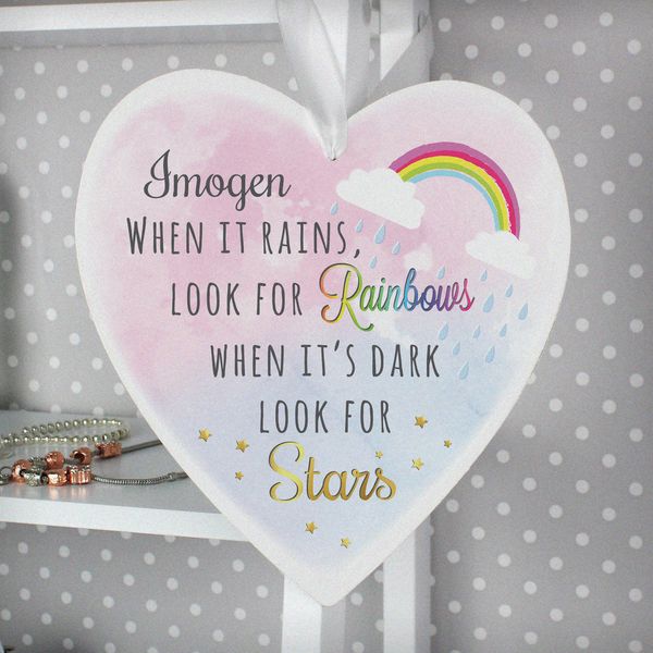 (image for) Personalised Rainbows and Stars 22cm Large Wooden Heart Decoration