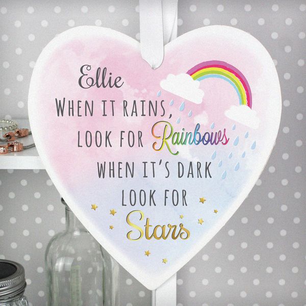 Modal Additional Images for Personalised Rainbows and Stars 22cm Large Wooden Heart Decoration
