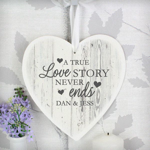 (image for) Personalised Love Story 22cm Large Wooden Heart Decoration - Click Image to Close
