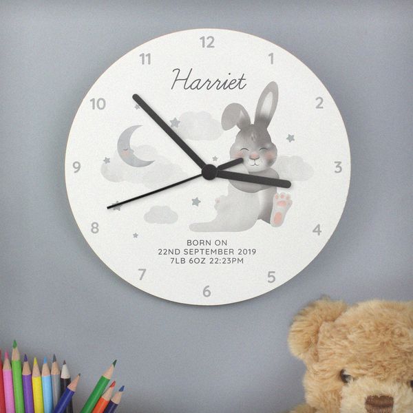 (image for) Personalised Baby Bunny White Wooden Clock