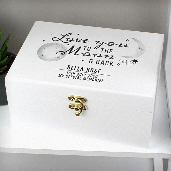(image for) Personalised Baby To The Moon and Back White Wooden Keepsake Box - Click Image to Close
