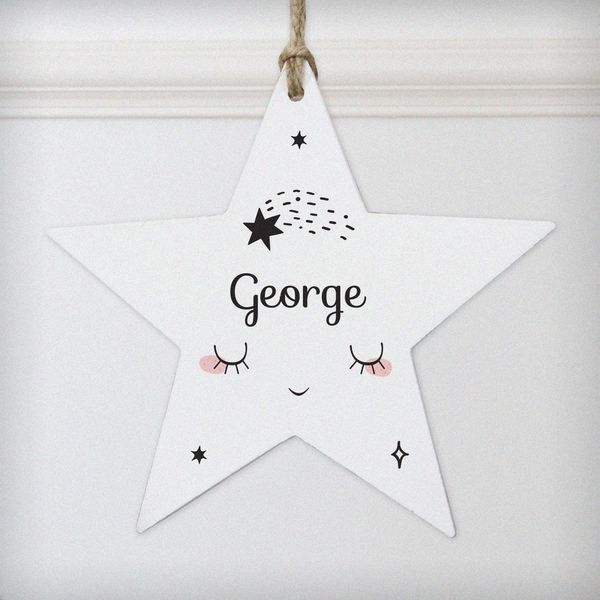 (image for) Personalised Baby Moon Wooden Star Decoration - Click Image to Close