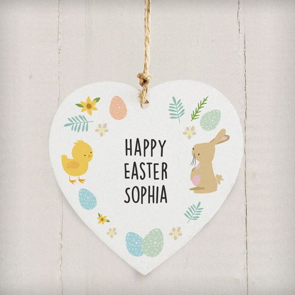(image for) Personalised Easter Bunny & Chick Wooden Heart Decoration - Click Image to Close