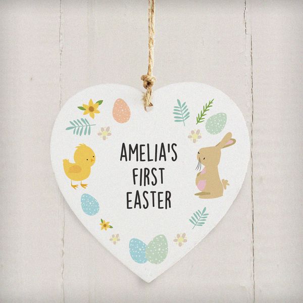 (image for) Personalised Easter Bunny & Chick Wooden Heart Decoration - Click Image to Close