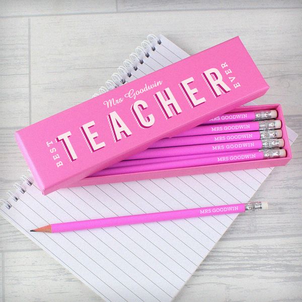 (image for) Personalised Best Teacher Ever Box and 12 Pink HB Pencils - Click Image to Close
