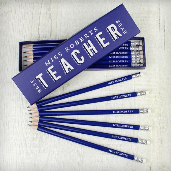 (image for) Personalised Best Teacher Ever Box and 12 Blue HB Pencils - Click Image to Close