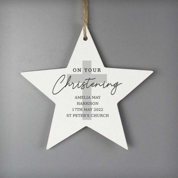 (image for) Personalised On Your Christening Wooden Star Decoration - Click Image to Close