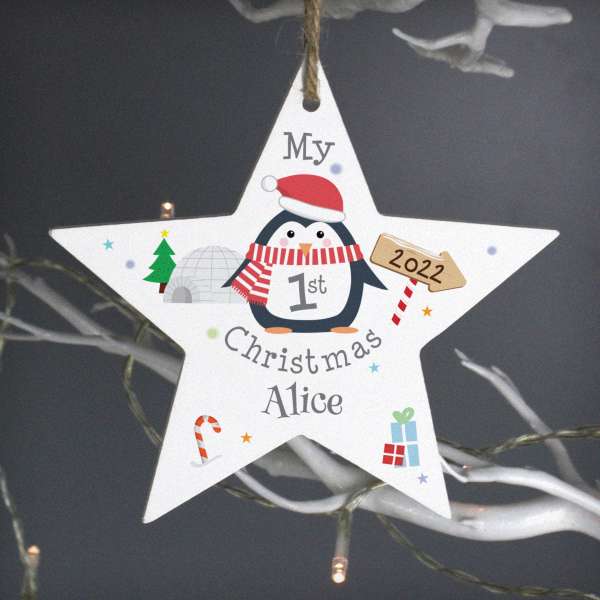 (image for) Personalised 1st Christmas Penguin Wooden Star Decoration - Click Image to Close