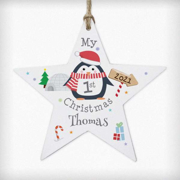 Modal Additional Images for Personalised 1st Christmas Penguin Wooden Star Decoration