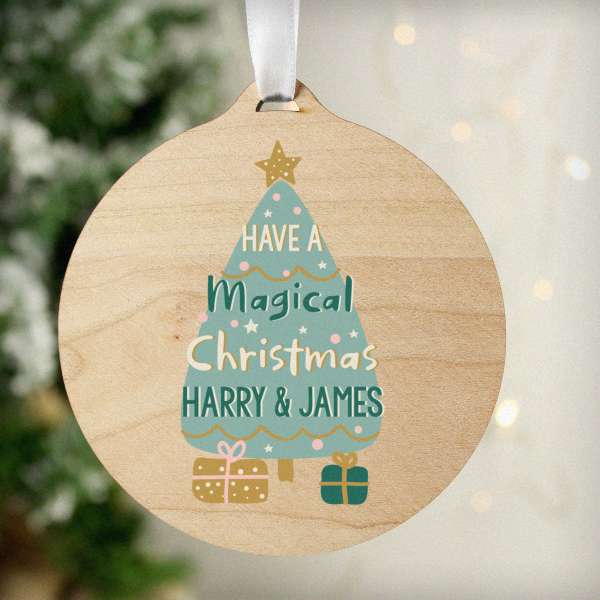 (image for) Personalised Christmas Tree Round Wooden Bauble Decoration - Click Image to Close