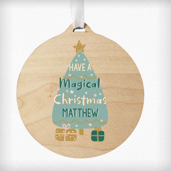 (image for) Personalised Christmas Tree Round Wooden Bauble Decoration - Click Image to Close