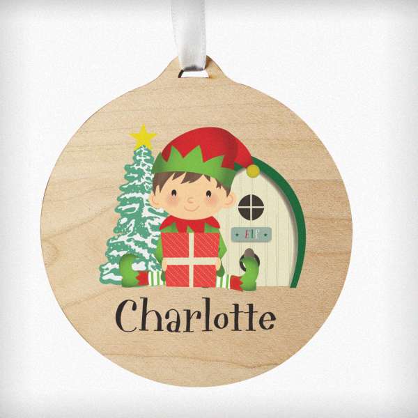 (image for) Personalised Elf Round Wooden Bauble Decoration - Click Image to Close
