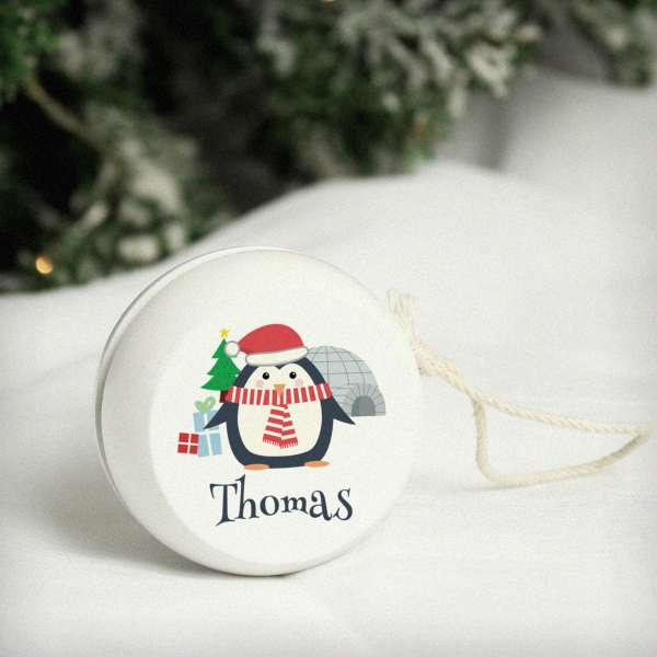 (image for) Personalised Christmas Penguin White Wooden Yoyo - Click Image to Close