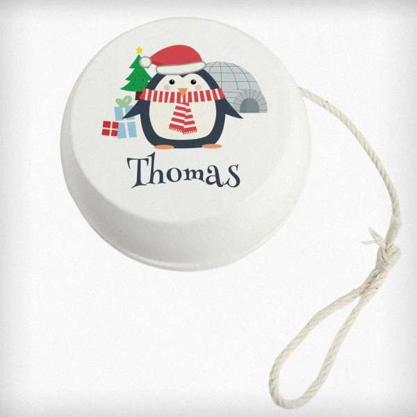 (image for) Personalised Christmas Penguin White Wooden Yoyo - Click Image to Close
