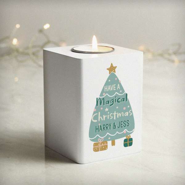 (image for) Personalised Christmas Tree White Wooden Tea light Holder - Click Image to Close