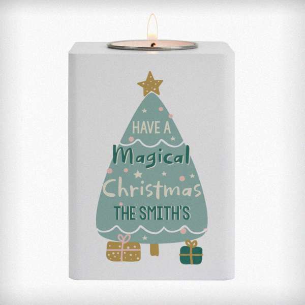 (image for) Personalised Christmas Tree White Wooden Tea light Holder - Click Image to Close