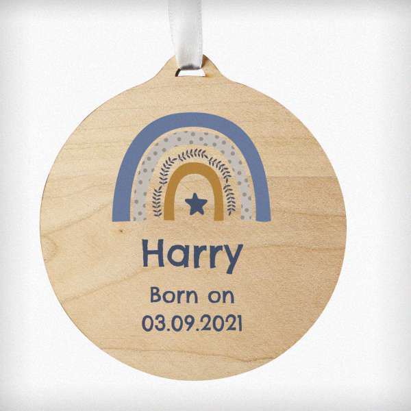 Modal Additional Images for Personalised Blue Rainbow Round Wooden Bauble Decoration