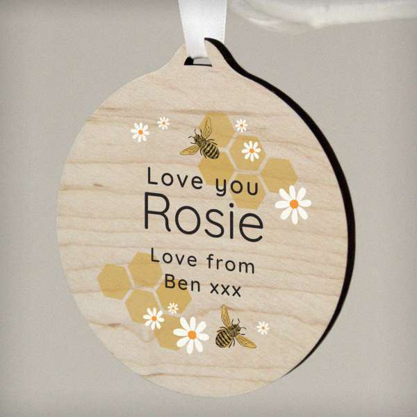(image for) Personalised Bee Round Wooden Bauble Decoration - Click Image to Close