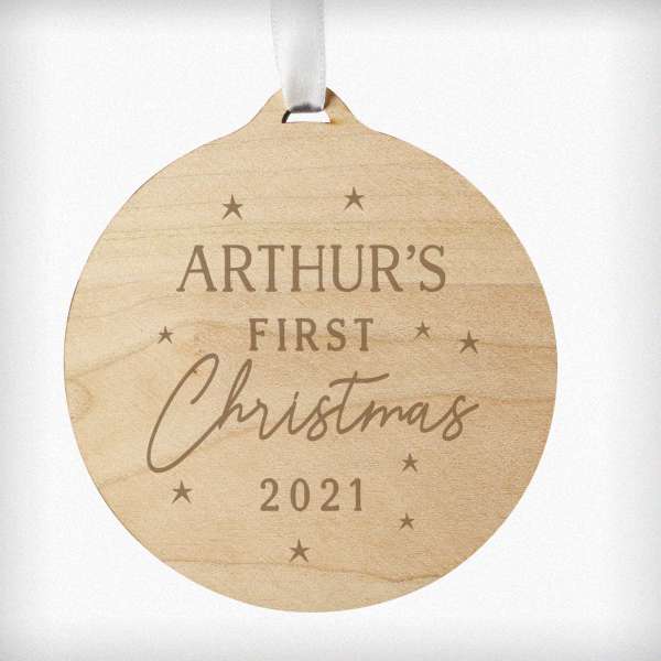 Modal Additional Images for Personalised Baby's First Christmas Round Wooden Bauble Decoration