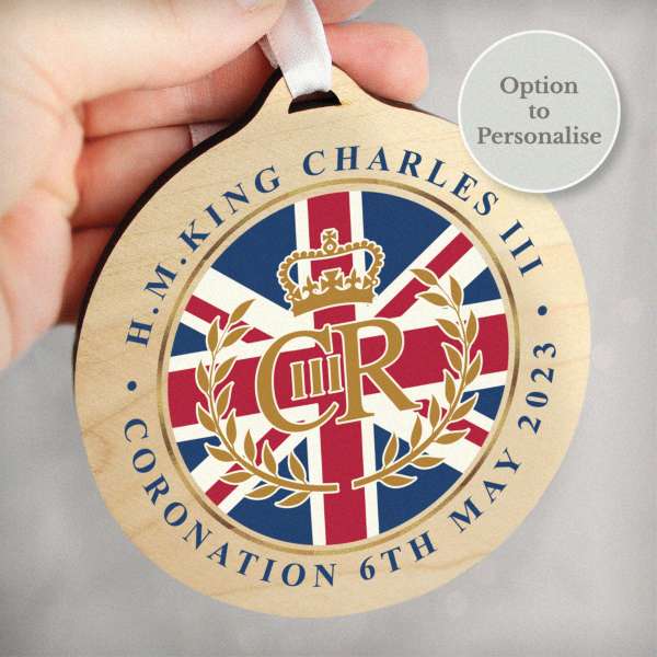 (image for) King Charles III Union Jack Coronation Commemorative Round Wooden Decoration - Click Image to Close