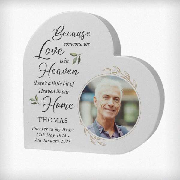 (image for) Personalised Botanical Memorial Photo Upload Free Standing Heart Ornament - Click Image to Close