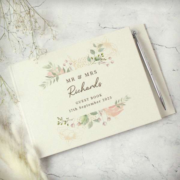 (image for) Personalised Floral Watercolour Hardback Guest Book & Pen - Click Image to Close