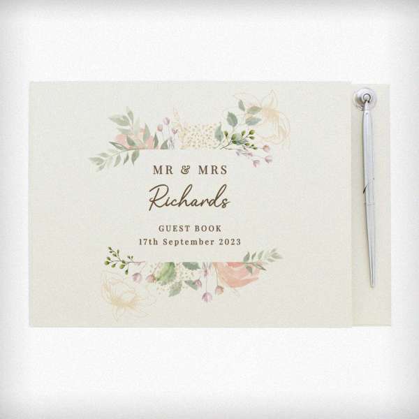 (image for) Personalised Floral Watercolour Hardback Guest Book & Pen - Click Image to Close