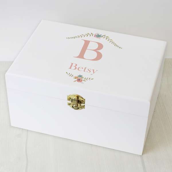 (image for) Personalised Floral Bouquet White Wooden Keepsake Box