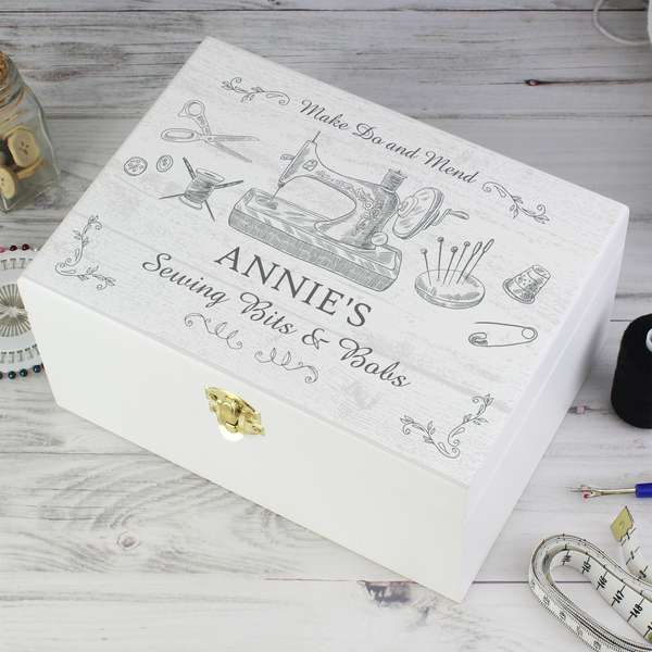 (image for) Personalised Sewing Kit White Wooden Keepsake Box - Click Image to Close